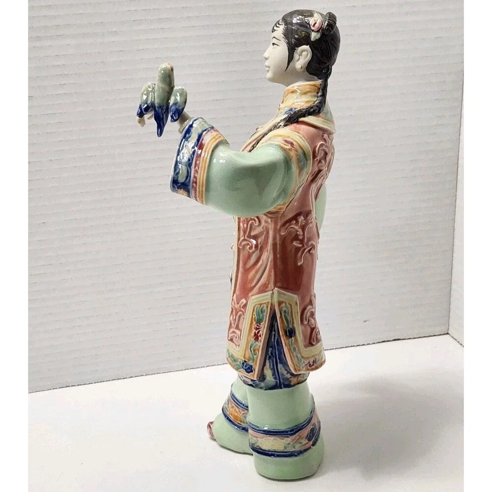 Vintage Chinese Shiwan Porcelain Lady Statue Songbird & Feeding Bowl Figurine